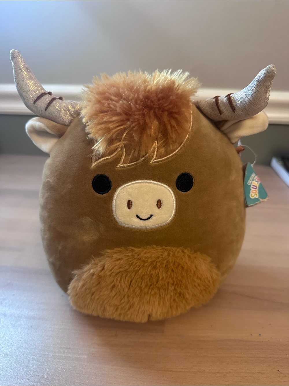 Squishmallows Calton Highland Cow 8” Plush Brown Fuzzy Glitter Horns Kellytoy